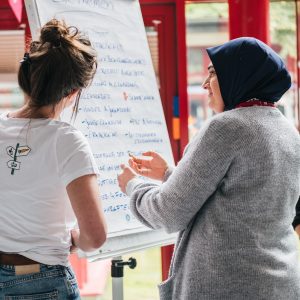 Ann-Kathrin Ridder und zwei teilnehmende Personen stehen vor einem Flipchart und unterhalten sich.