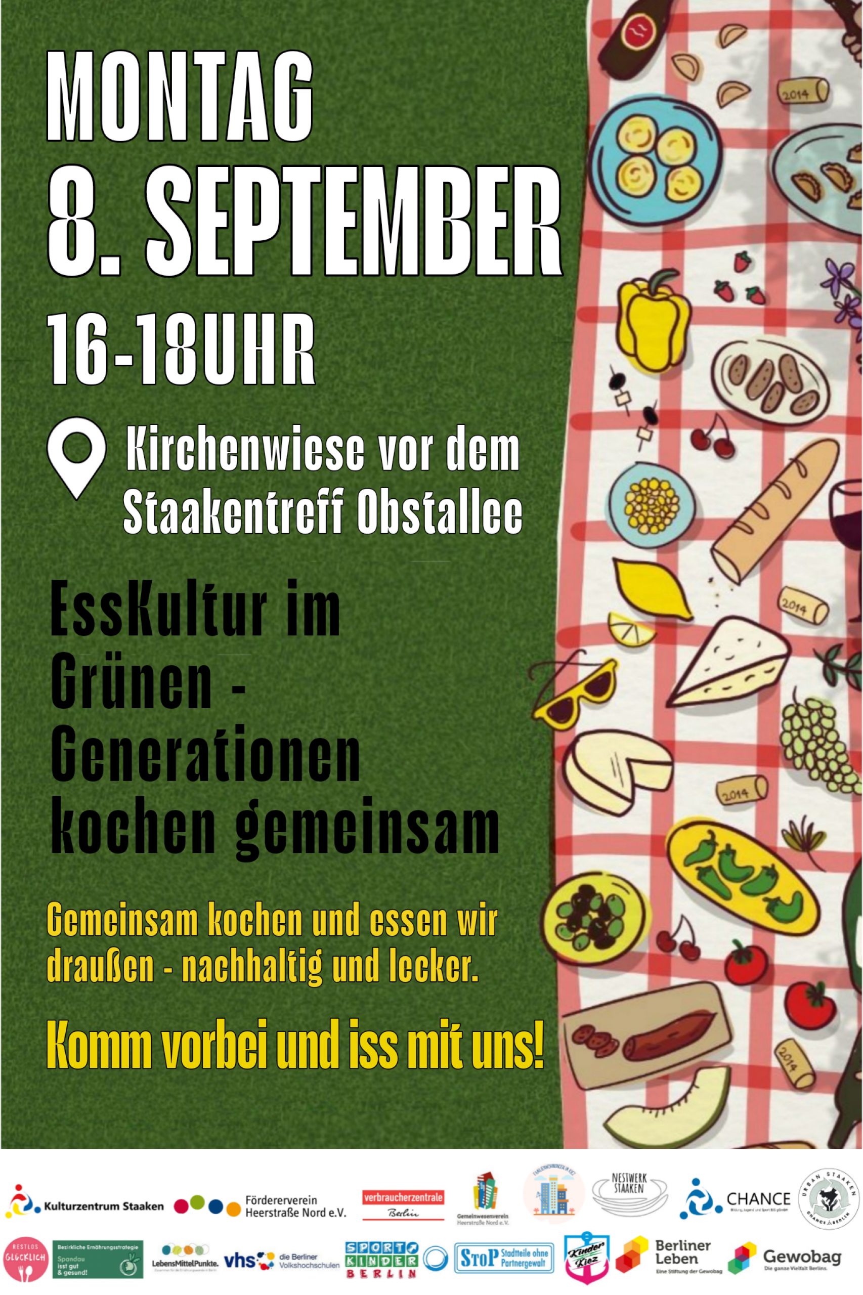 Poster: Großes Picknick in Spandau-Staaken am 8. September 2025 von 16-18 Uhr auf der Kirchenwiese vor dem Staakentreff Obstallee - alle Generationen sind herzlich eingeladen!