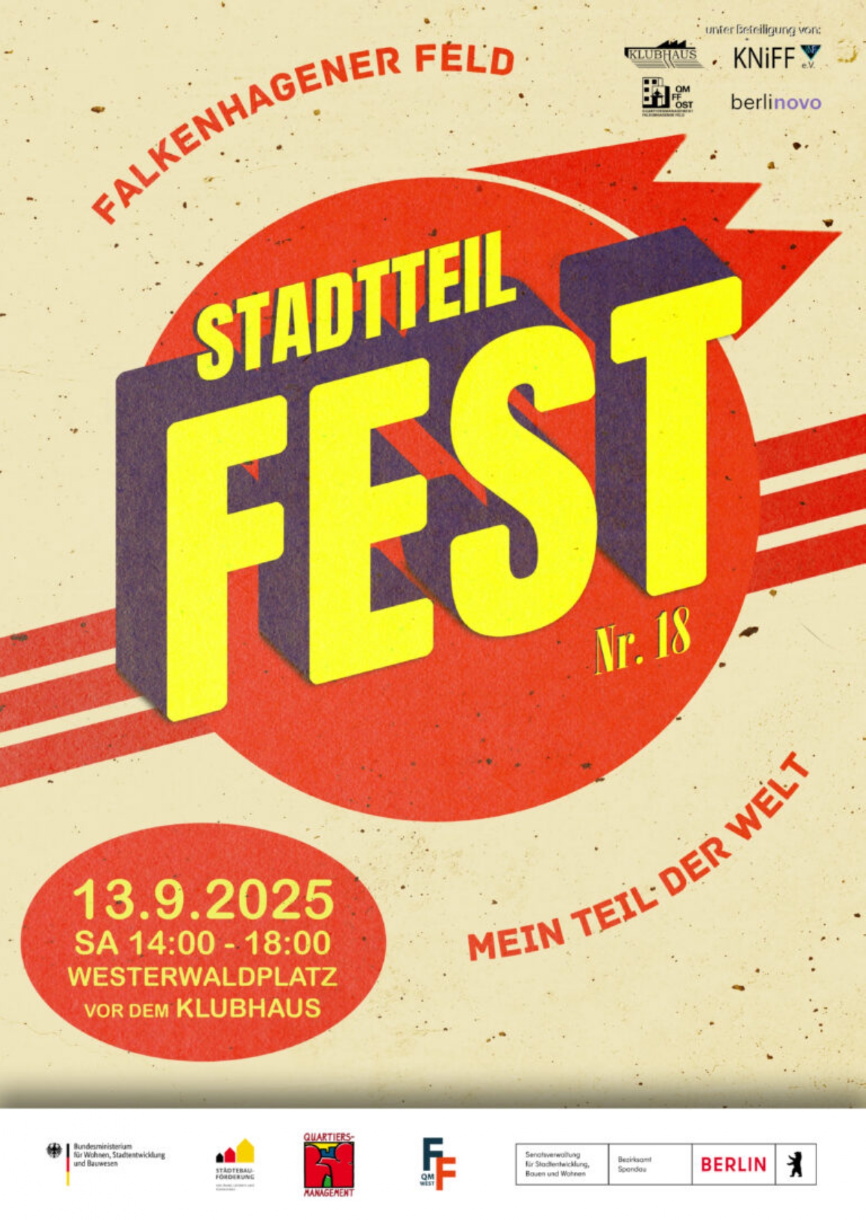 Poster für das 18. Stadtteilfest im Falkenhagener Feld am 13. September 2025 von 14-18 Uhr beim Klubhaus Spandau.