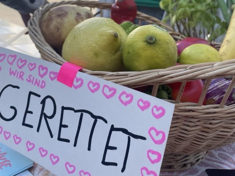 Ein geflochtener Korb mit Obst. Daran befestigt ist ein selbstgeschriebenes Schild mit der Aufschrift "Wir sind gerettet."