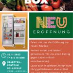 Flyer zur Eröffnung der ersten Kiezbox, auch Lebensmittel-Verteilstation genannt, in der Rollbergesiedlung am 26.11.2025 von 17-19 Uhr im Stadtteilzentrum Rollberge.