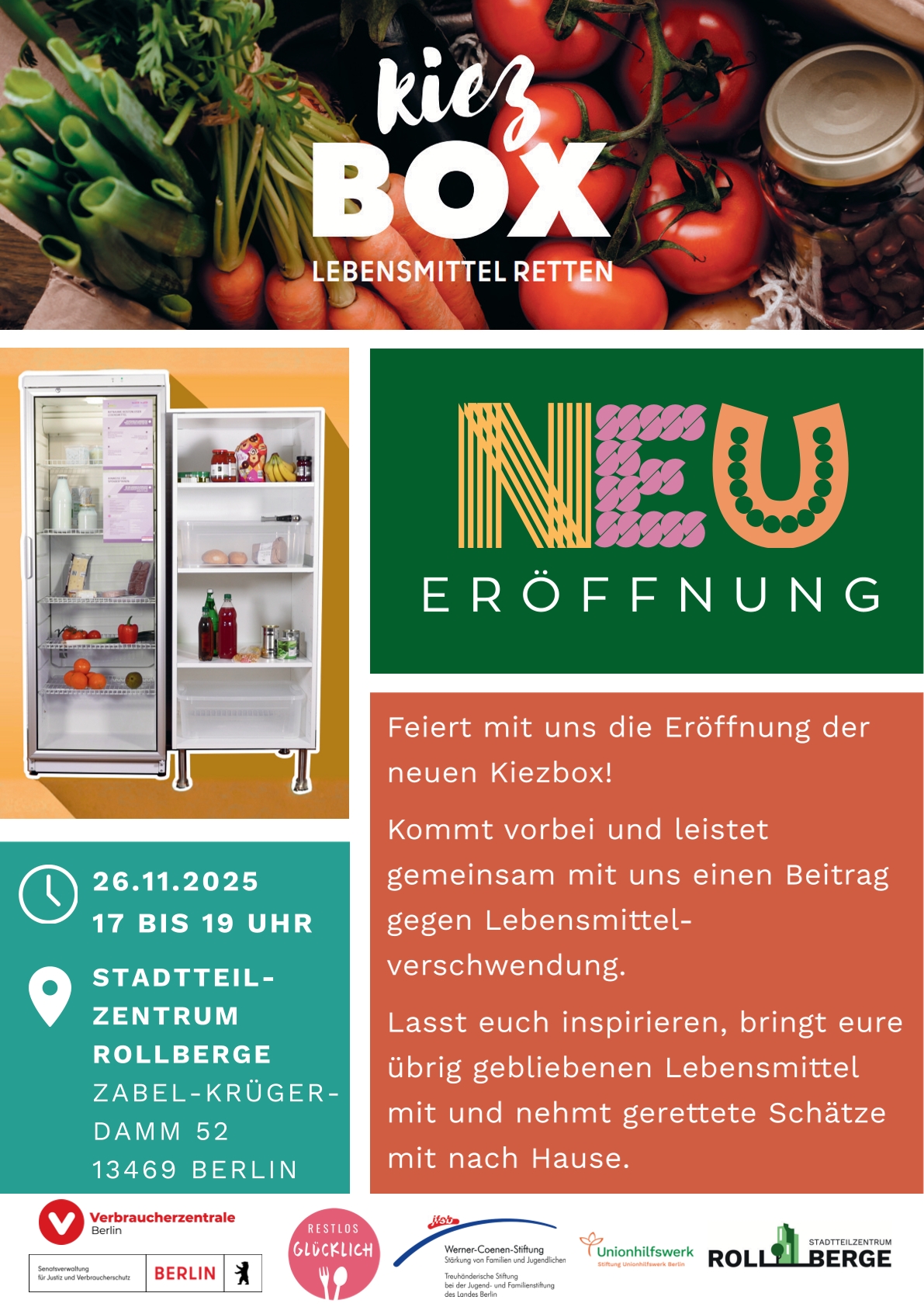 Flyer zur Eröffnung der ersten Kiezbox, auch Lebensmittel-Verteilstation genannt, in der Rollbergesiedlung am 26.11.2025 von 17-19 Uhr im Stadtteilzentrum Rollberge.