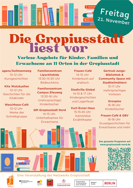 Flyer zum bundesweiten Vorlesetag am 21.11.2025 in der Gropiusstadt. An 11 Orten in der Gropiusstadt gibt es Vorlese-Angebote für Kinder, Familien und Erwachsene.