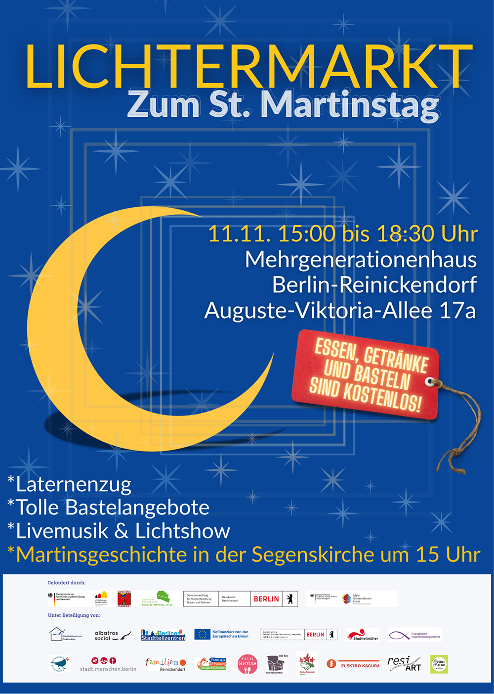Flyer für dem Lichtermarkt am St. Martinstag (11.11.2025) im AVA-Kiez in Berlin-Reinickendorf.