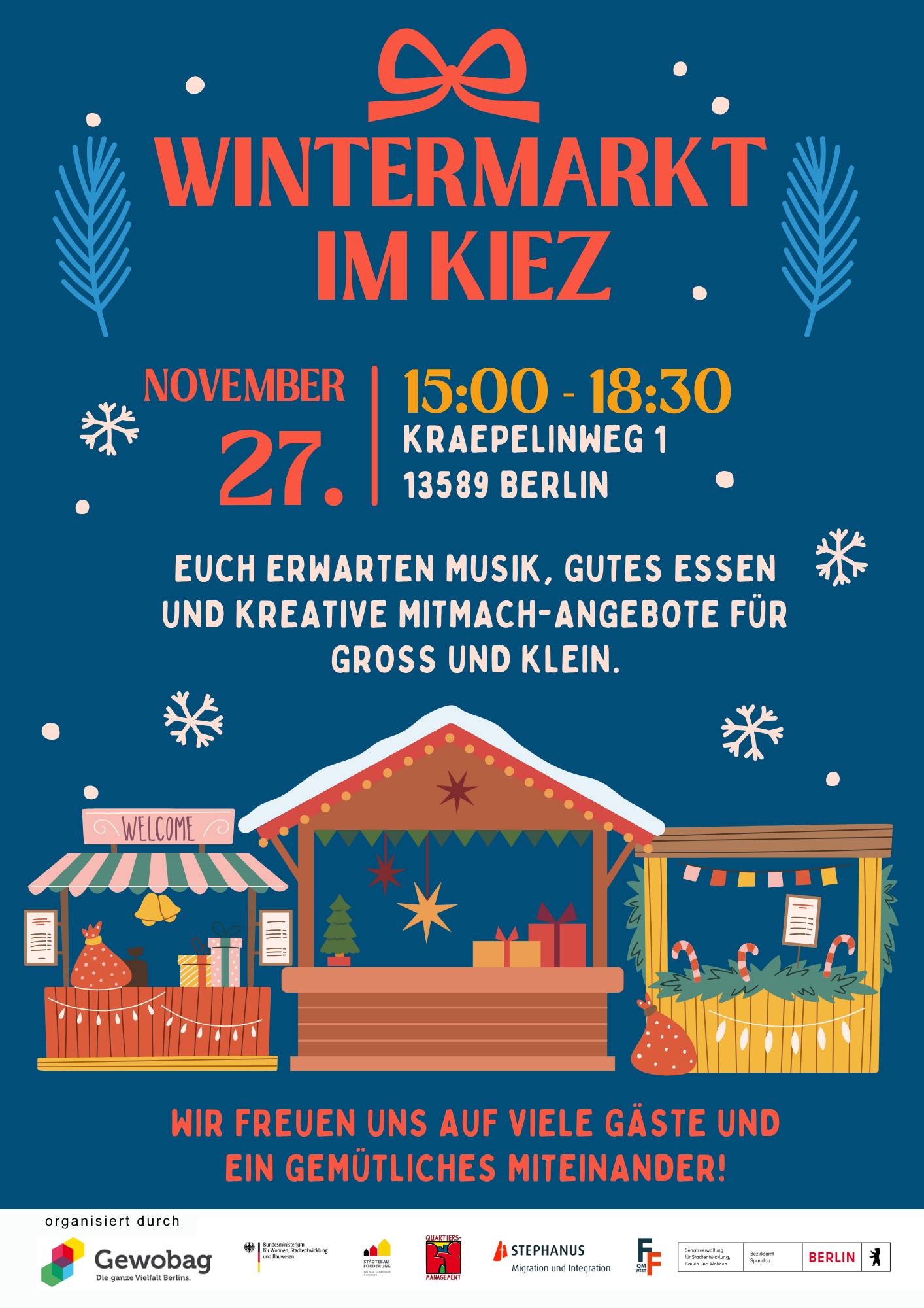 Flyer für den Wintermarkt am 27.11.2025 von 15 bis 18:30 Uhr im Spandauer Kiez Falkenhagener Feld.
