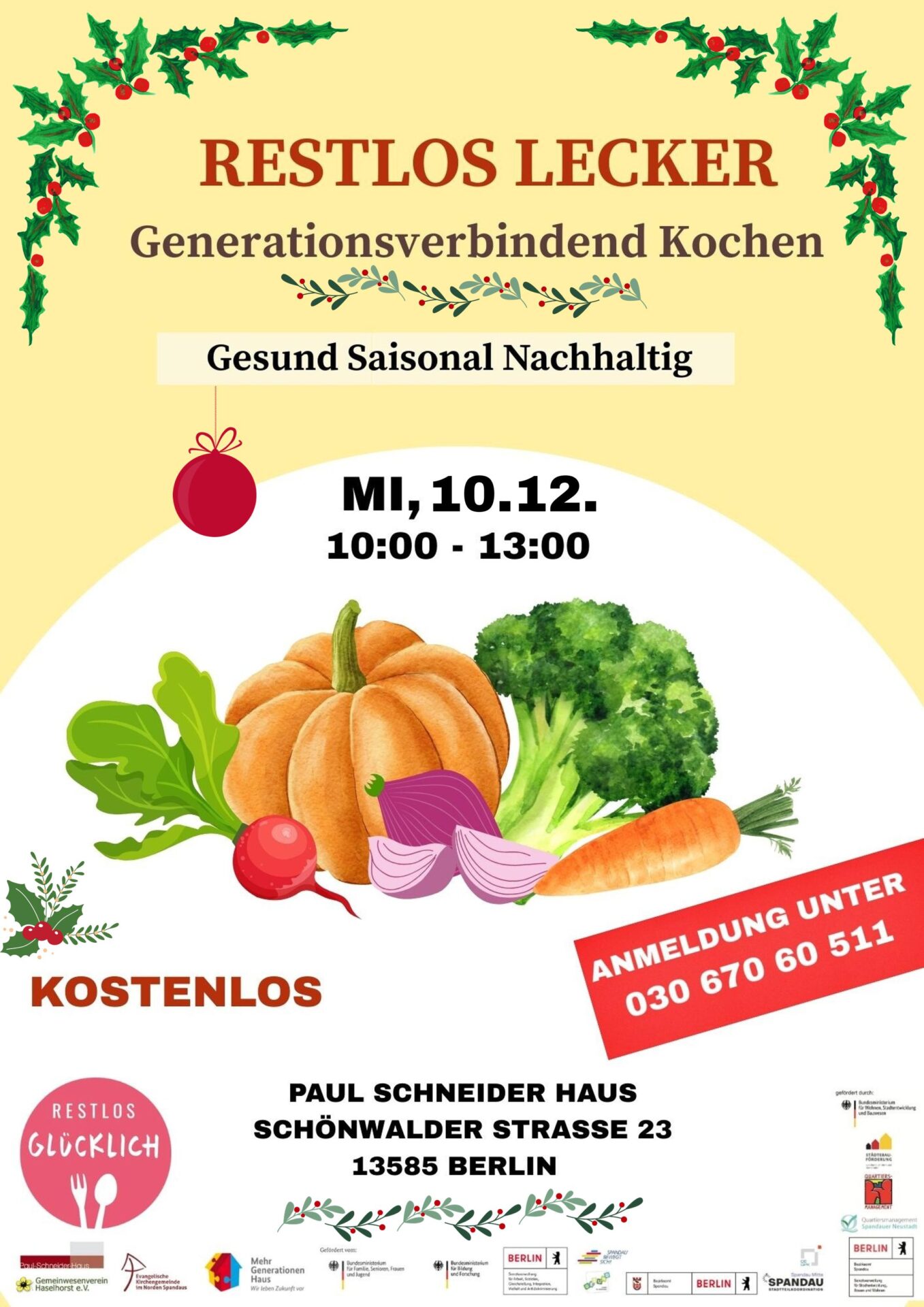 Poster zum kostenloses Koch-Workshop "Restlos lecker: generationsverbindend kochen" am 10. Dezember 2025 von 10-13 Uhr im Paul-Schneider-Haus in Berlin-Spandau.